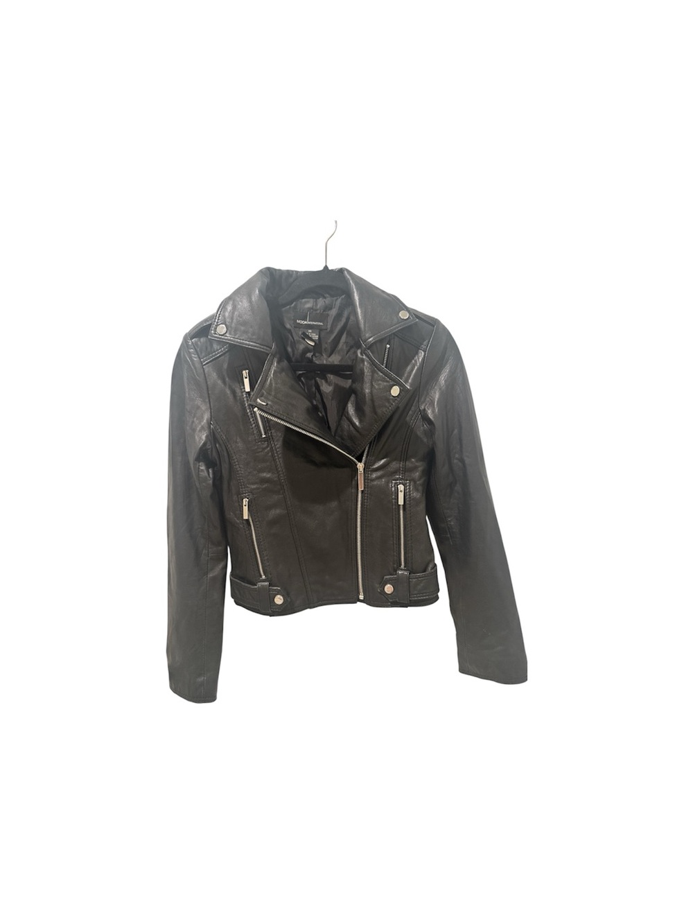 Moda International Black Leather Moto Jacket for Women